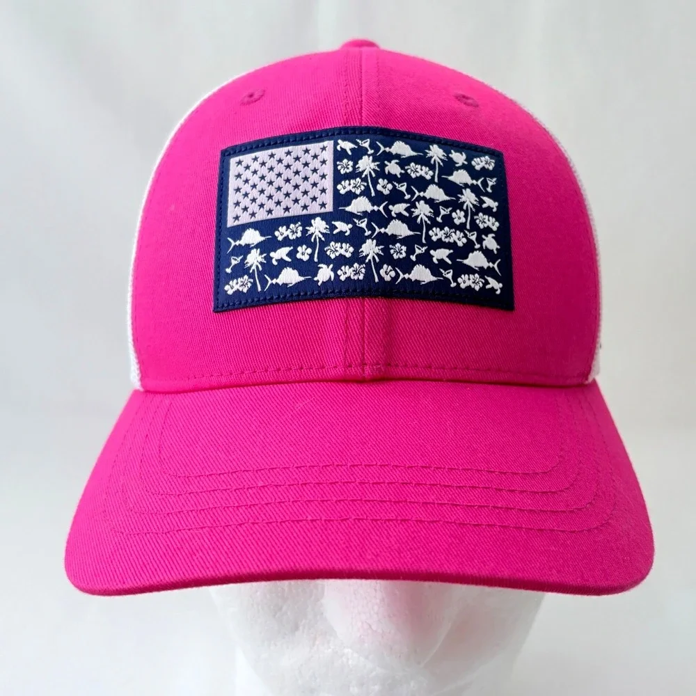 Columbia PFG Pink White Floral Nautical Flag Womens Snapback Trucker‎ Hat Cap - Picture 2 of 8